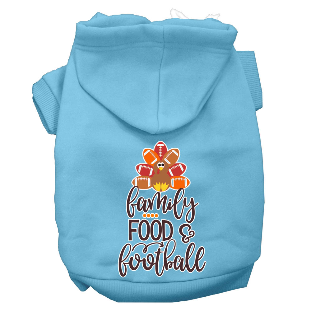 Family, Food, and Football Screen Print Dog Hoodie Baby Blue XXXL